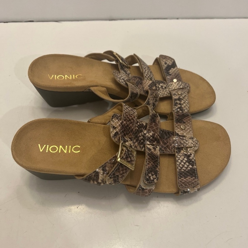 Vionic Radia Wedge Sandals Adjustable Triple Strap Snakeskin Slides